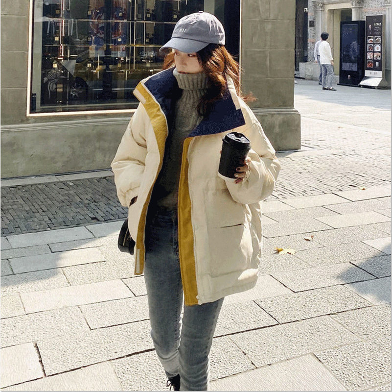 無地長袖ファッションカジュアル切り替えファスナースタンドネックジッパー韓国系シンプル冬ダウンジャケット・綿コート