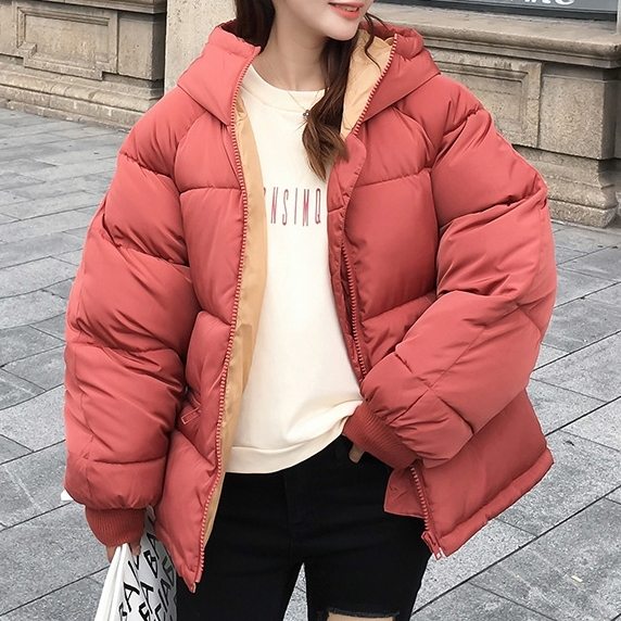 冬 シンプル ファッション ジッパー フード付き 無地 長袖 ダウンジャケット・綿コート