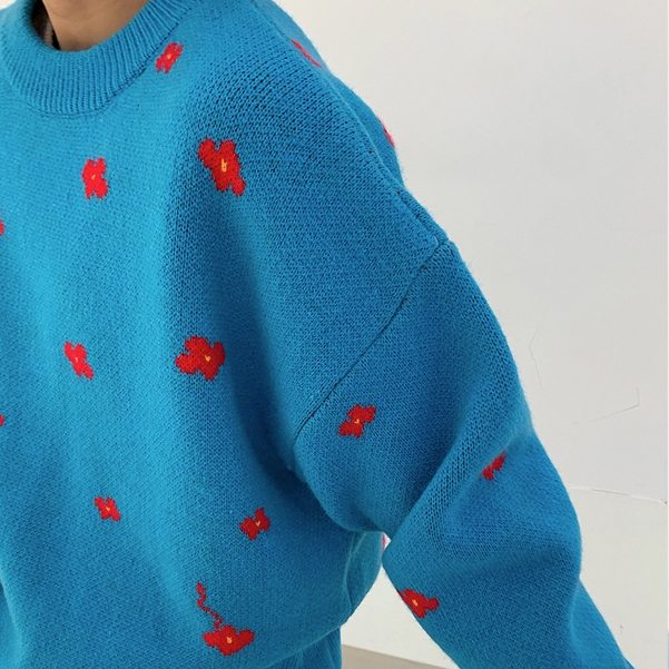 刺繍冬花模様シンプルプルオーバー一般一般ラウンドネック秋春長袖セーター・カットソー